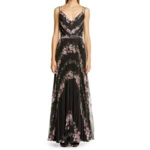 Marchesa Notte Black Floral Gown Pleated Dress Size 10 NEW $795 no belt